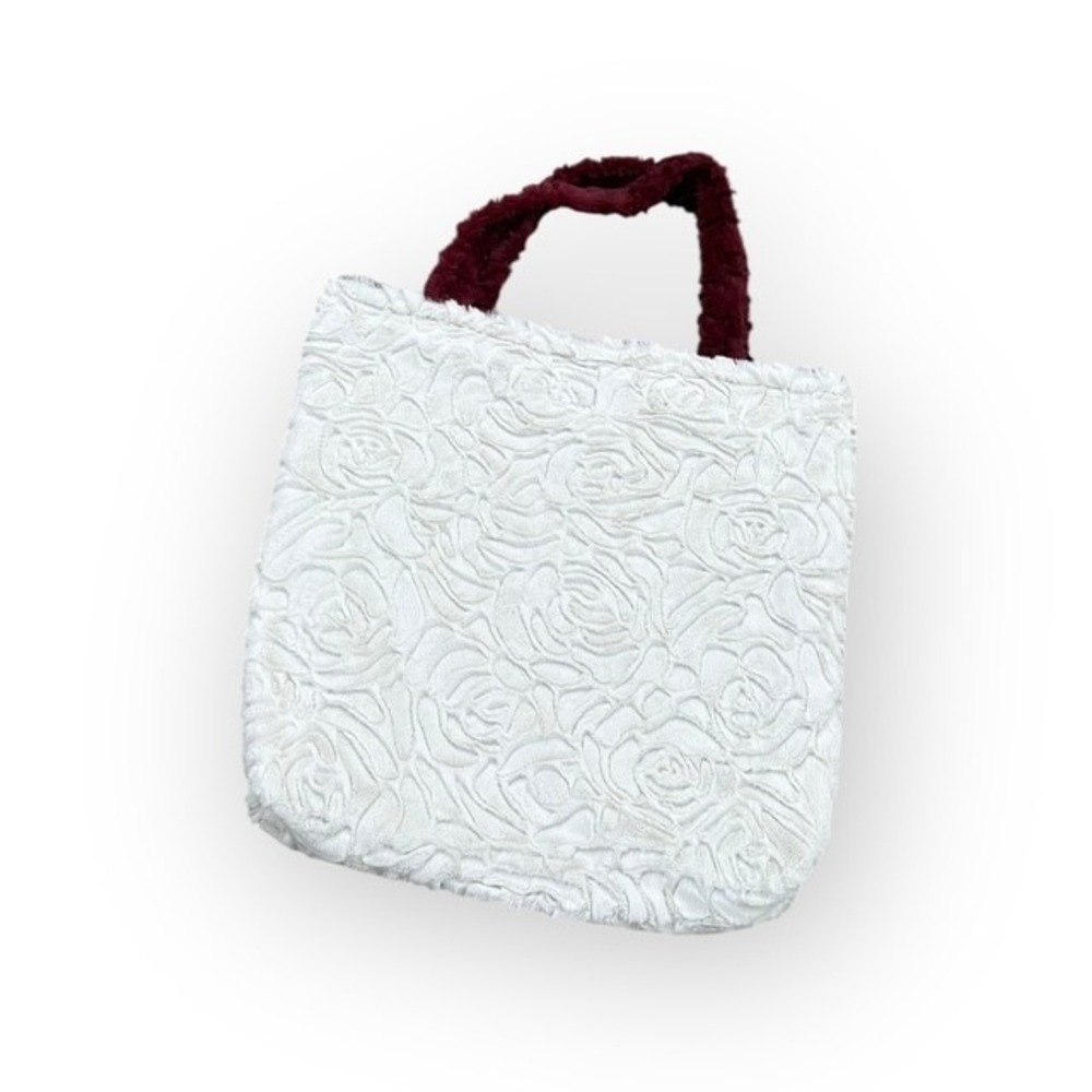 Minky Mamas Burgundy Floral Faux Fur Tote Bag Soft Plush Shopper Reversable - Picture 3 of 3
